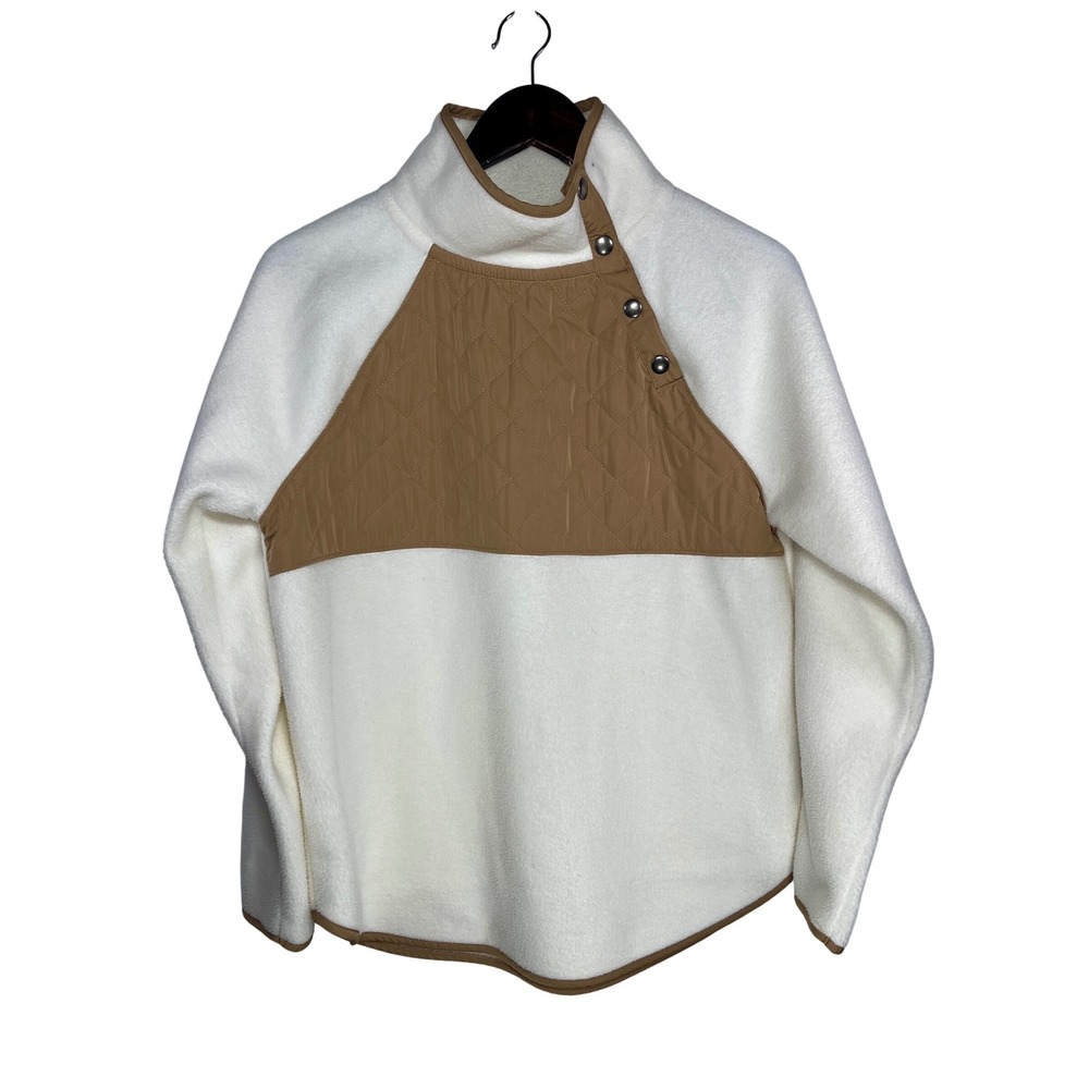 J.Crew Quilted Snap Fleece Pullover Women Small Cream Brown Mock Neck